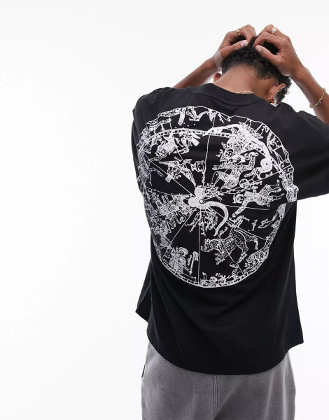 Topman extreme oversized fit t-shirt with front and back zodiac print in black