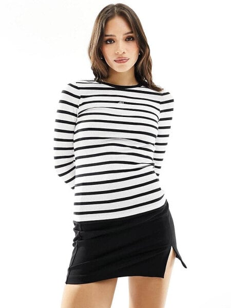 4th & Reckless ribbed logo long sleeve top in black and white stripe