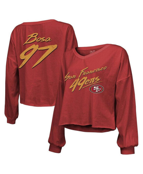 Women's Threads Nick Bosa Scarlet Distressed San Francisco 49ers Name and Number Script Off-Shoulder Cropped Long Sleeve T-shirt