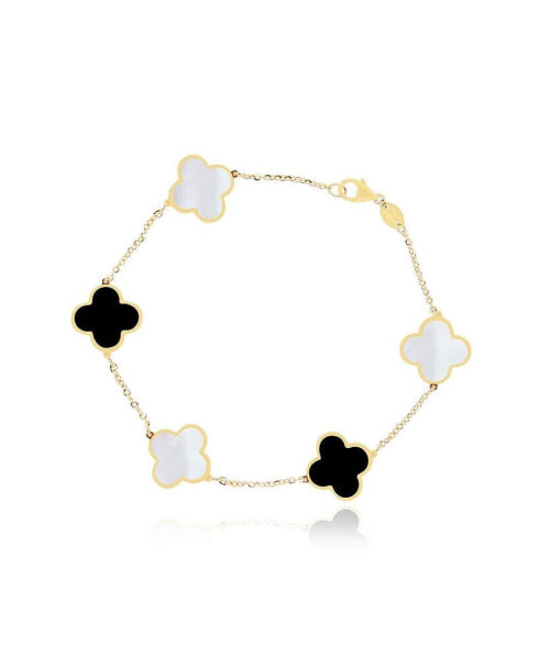 Large Mother of Pearl and Onyx Mixed Clover Bracelet 14K Gold