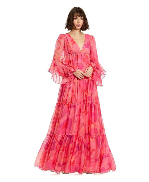 Women's Printed Chiffon Ruffle Long Sleeve V Neck Gown