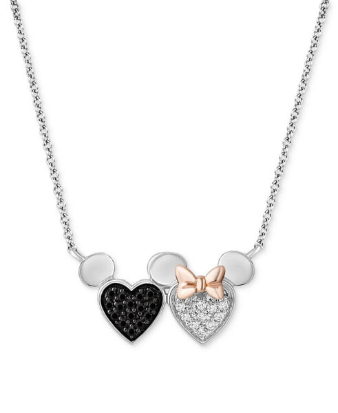 Black Diamond (1/8 ct. t.w.) & White Diamond (1/10 ct. t.w.) Minnie & Mickey Heart Pendant Necklace in Sterling Silver & 14k Rose Gold-Plate, 15-3/4" + 2" extender