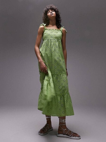 Topshop tie strap broderie midi beach dress in green