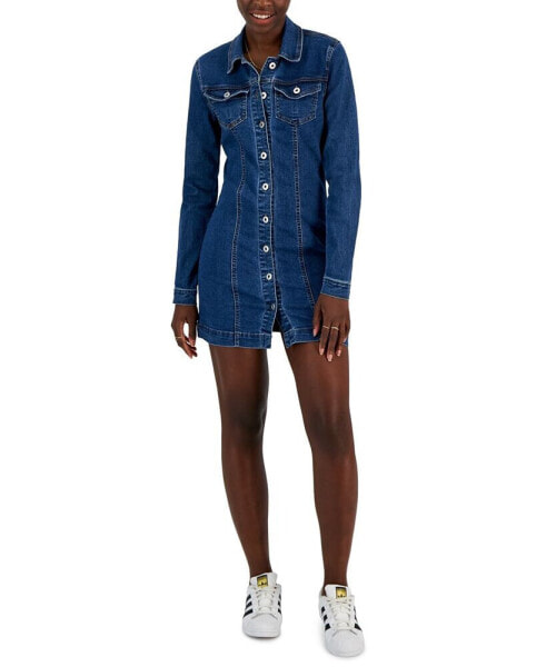 Juniors' Long-Sleeve Denim Mini Shirtdress