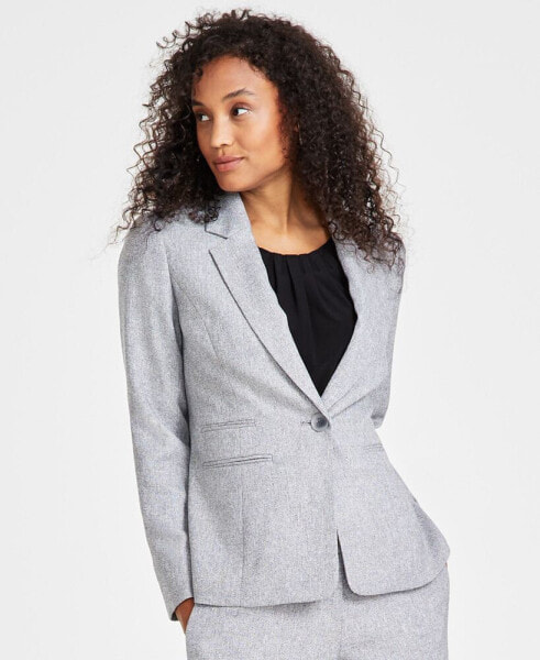 Petite Herringbone Notched-Collar Single-Button Jacket