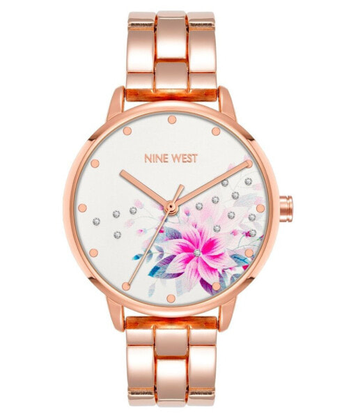 Women's Quartz Rose Gold-Tone Alloy Link Bracelet and Floral Pattern Watch, 36mm