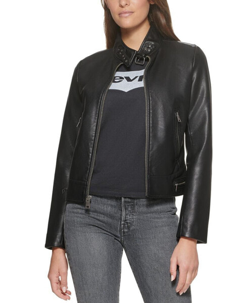 Women's Faux Leather Latch Collar Racer Jacket