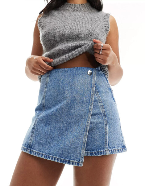 Stradivarius denim wrap skort in medium wash