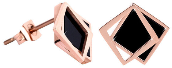 Bronze earrings in the shape of a double square - black