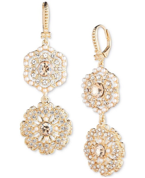 Gold-Tone Crystal & Imitation Pearl Flower Double Drop Earrings