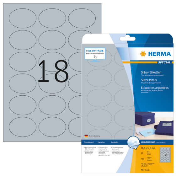 HERMA Labels A4 58.4x42.3 mm oval silver film glossy 450 pcs. - Silver - Self-adhesive printer label - A4 - Polyester - Laser - Permanent