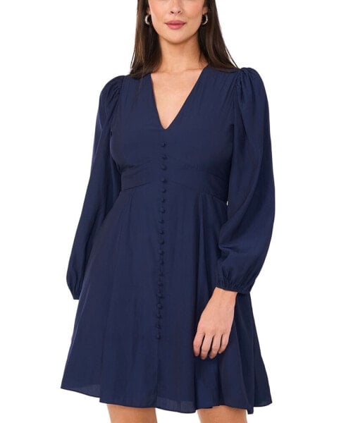 Women's Long-Puff-Sleeve V-Neck Mini Dress