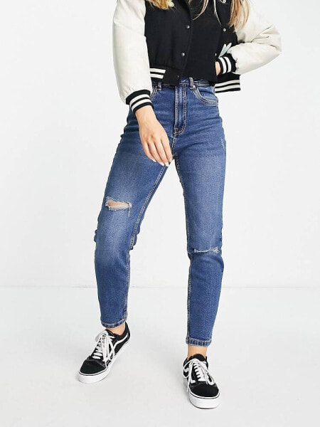 Stradivarius slim mom jean with stretch and rip in medium blue 