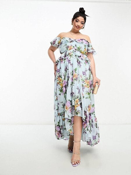 ASOS DESIGN Curve ruffle cut out off the shoulder maxi dress with hi low hem in blue floral print