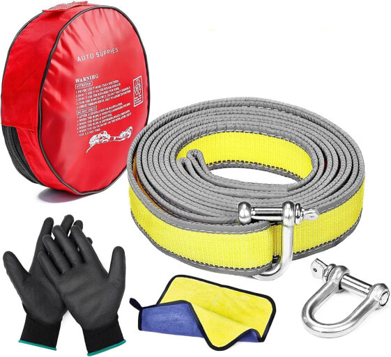 ZOVHYYA Tow Rope Tow Sling with Fluorescent Strips 5 m x 5 cm 9T Tow Rope Emergency Tow Strap with Two Thick U-shaped Hooks Gloves Double-Sided Cleaning Cloths
