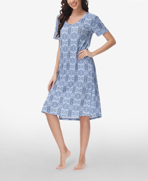 Women's Printed Short Sleeve Side Slit Sleep Dress High Point Shoulder