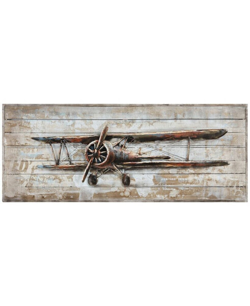 Model airplane Metallic Handed Painted Rugged Wooden Wall Art, 24" x 60" x 2.6"