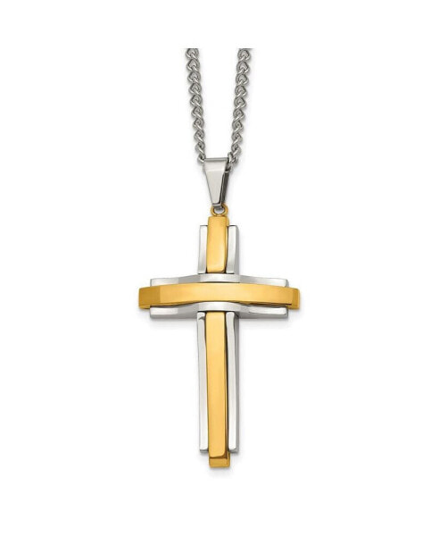 Chisel polished Yellow IP-plated Cross Pendant Curb Chain Necklace