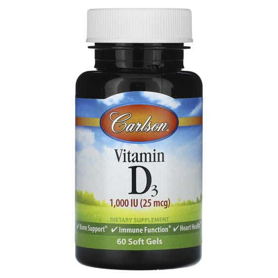 Витамин D3, Carlson, 25 мкг (1,000 МЕ), 250 гелевых капсул
