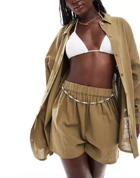 ASOS DESIGN textured button through beach short co-ord in khaki