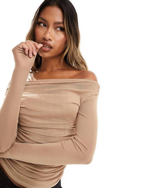 ASOS DESIGN  gathered off the shoulder mesh top in camel