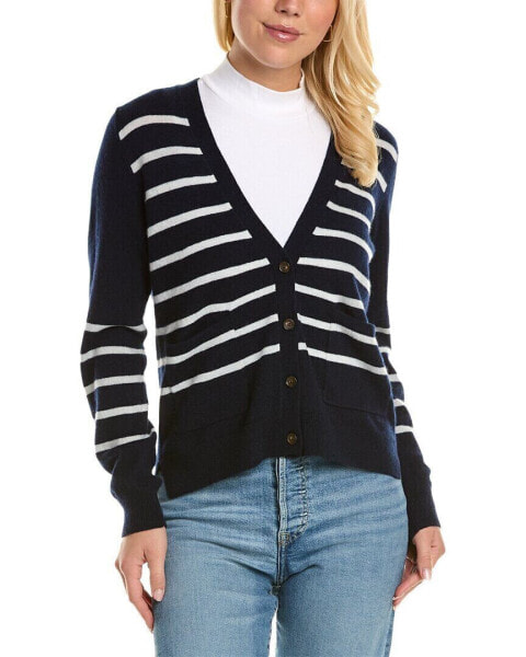 Amicale Cashmere Striped V-Neck Cashmere Cardigan Women's Navy Xs