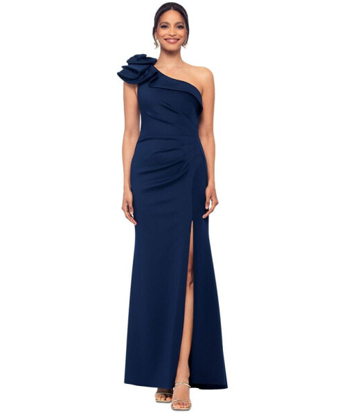 Petite Ruffled One-Shoulder Side-Slit Gown