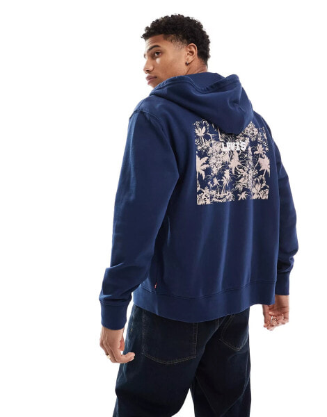 Levi's log floral back print relaxed fit fullzip hoodie in navy