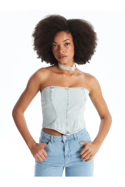 XSIDE Kadın Straplez Düz Jean Crop