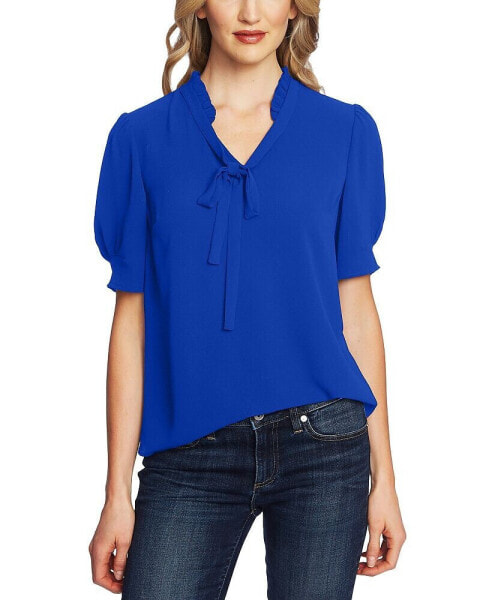 Women's Short Sleeve Ruffled V-Neck Tie Blouse