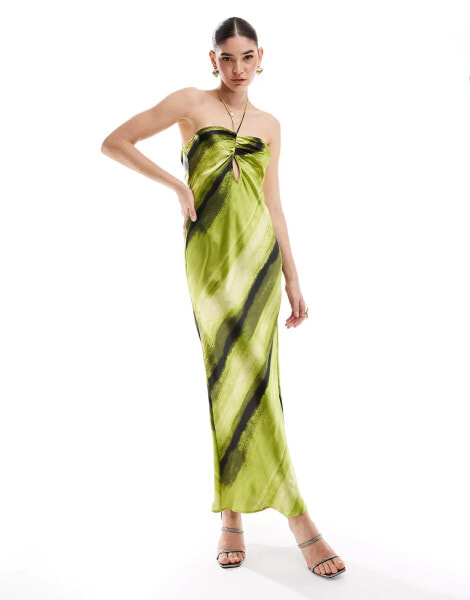 ASOS DESIGN satin halter neck maxi dress with gathered bust and keyhole split in green abstract stripe