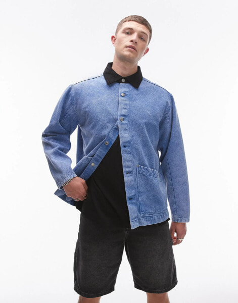 Topman acid wash workwear jacket with contrast collar