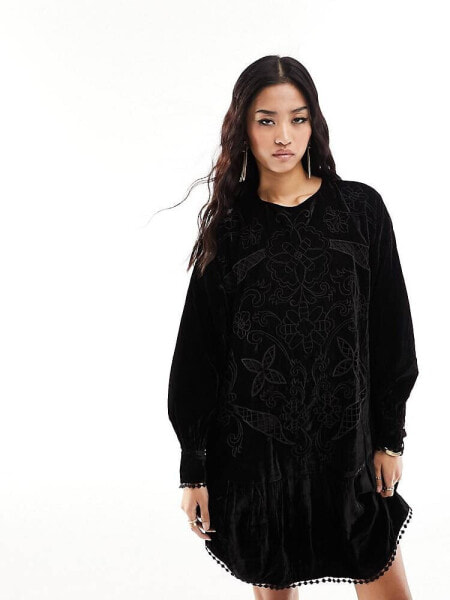 River Island velvet embroidered mini smock dress in black