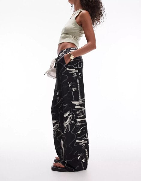 Topshop resort print satin wide leg trouser in mono