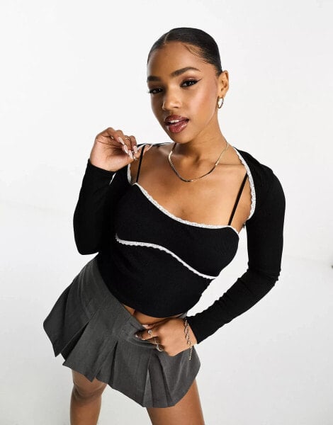 ASOS DESIGN ribbed 2 piece shrug cardigan & cami top with lace trim in black