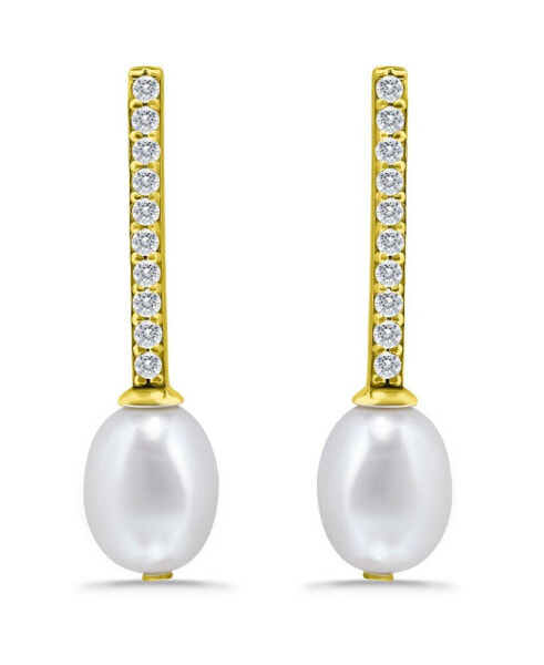 White Cultured Pearl and Cubic Zirconia Bar Drop Earring