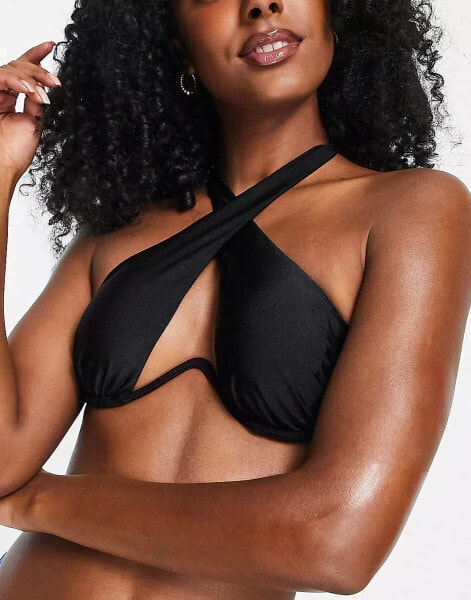 River Island – Schwarzes Bikinioberteil mit Bügeln und Wickeloptik in Schwarz