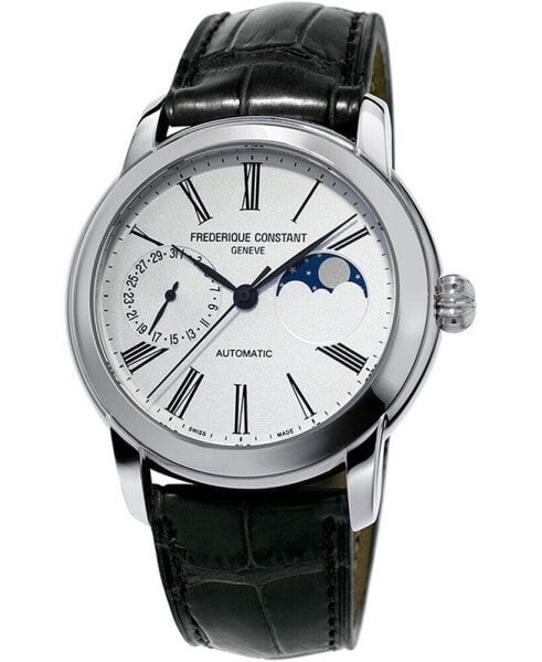 Men's Swiss Automatic Classic Moonphase Manufacture Black Leather Strap Watch 42mm