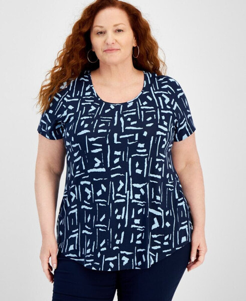 JM Collection Plus Size Geo Etch Short-Sleeve Top, Created for Macy's