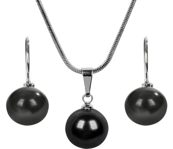 Modern set of necklace and earrings Pearl Black SET-041
