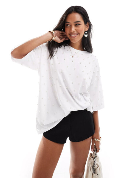 ASOS DESIGN pearl embellished oversized t-shirt in white