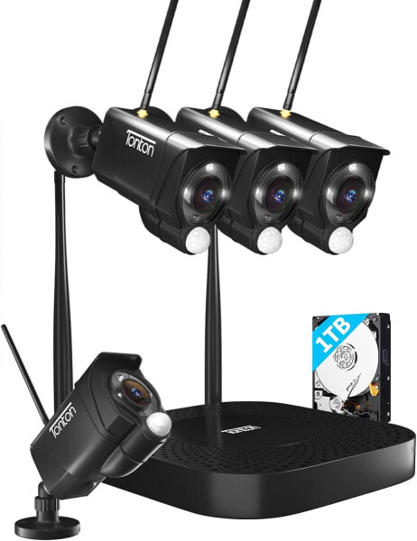 2K WLAN Outdoor Surveillance Camera Set, Tonton 10CH 5MP H.265+ NVR with 4pcs 3MP Camera, PIR AI Motion Detection, 30M Colour/IR Night Vision, 24/7 Video Recording, App PC Remote Access, 1TB Hard