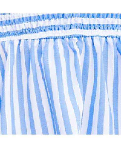 Women's Blue & White Stripe Flutter Sleeve Smocked Waist Midi Beach Dress