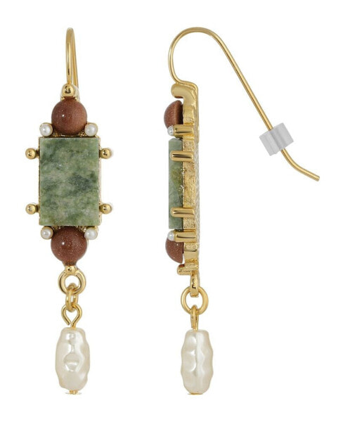 Gold-Tone Semi Precious Aventurine Rectangle Imitation Pearl Drop Earrings