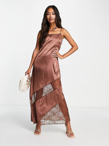 Topshop lace insert midi slip dress in chocolate