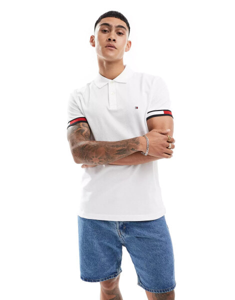 Tommy Hilfiger logo cuff slim fit polo in white