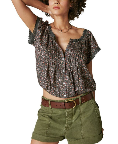 Women's Printed Button-Front Peasant Top