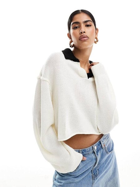 ASOS DESIGN knitted crop rugby shirt jumper in cream