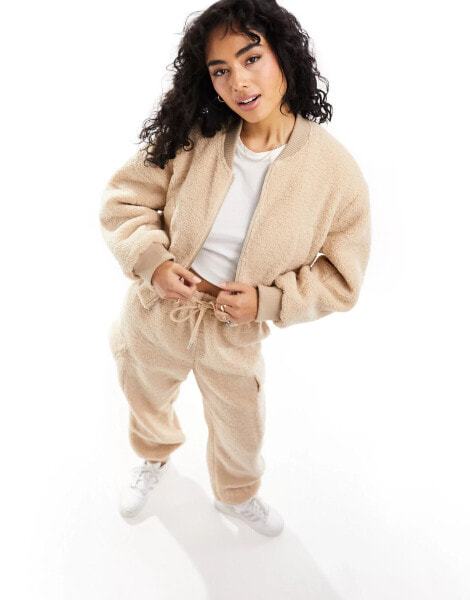 ASOS DESIGN teddy borg bomber jacket in biscuit co-ord