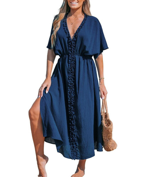 Women's Navy Dolman Sleeve Micro-Ruffle Midi Beach Dress